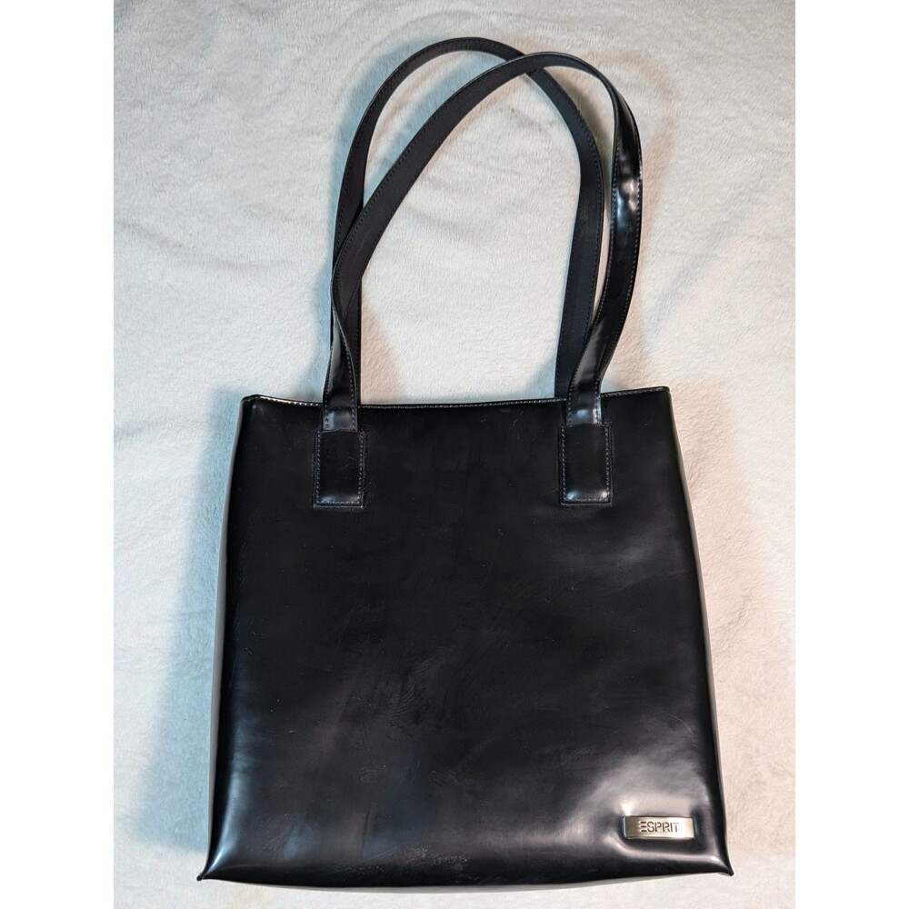 Vintage Esprit Black Glossy Tote Bag Faux Patent Leather Minimalist 90s Y2K...